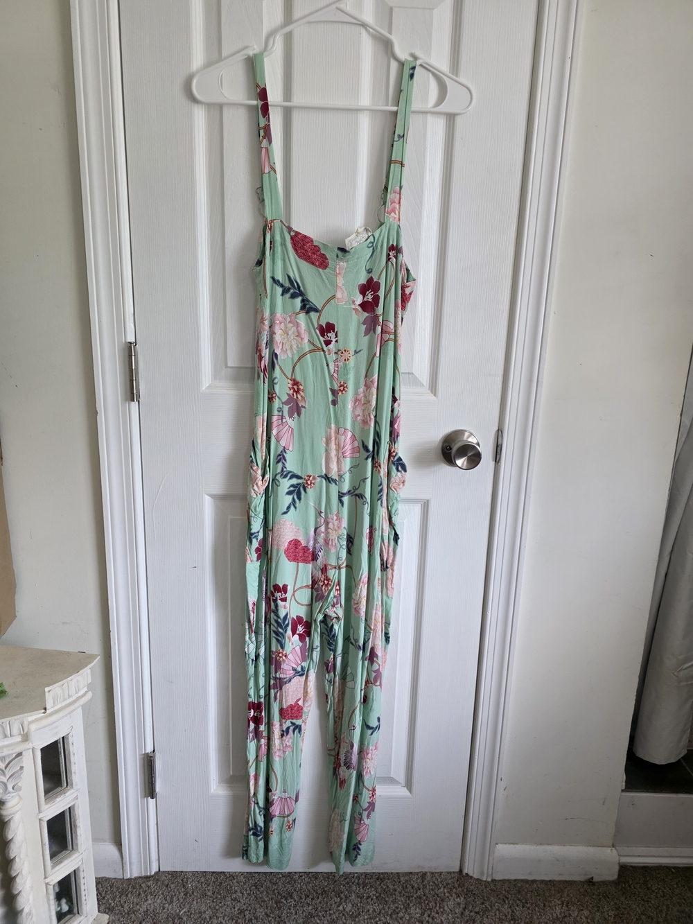 Jaase Mint Floral Strap Jumpsuit with Pink & Burgundy Blooms